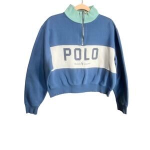 Polo Ralph Lauren Womens 1/4 Zip Cropped Sweater XL Striped Logo Sweatshirt